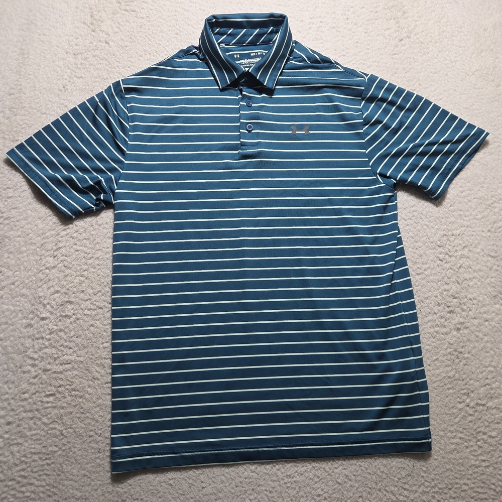 UNDER ARMOUR The Playoff Polo Shirt Mens Medium Blue Striped Golf Performance